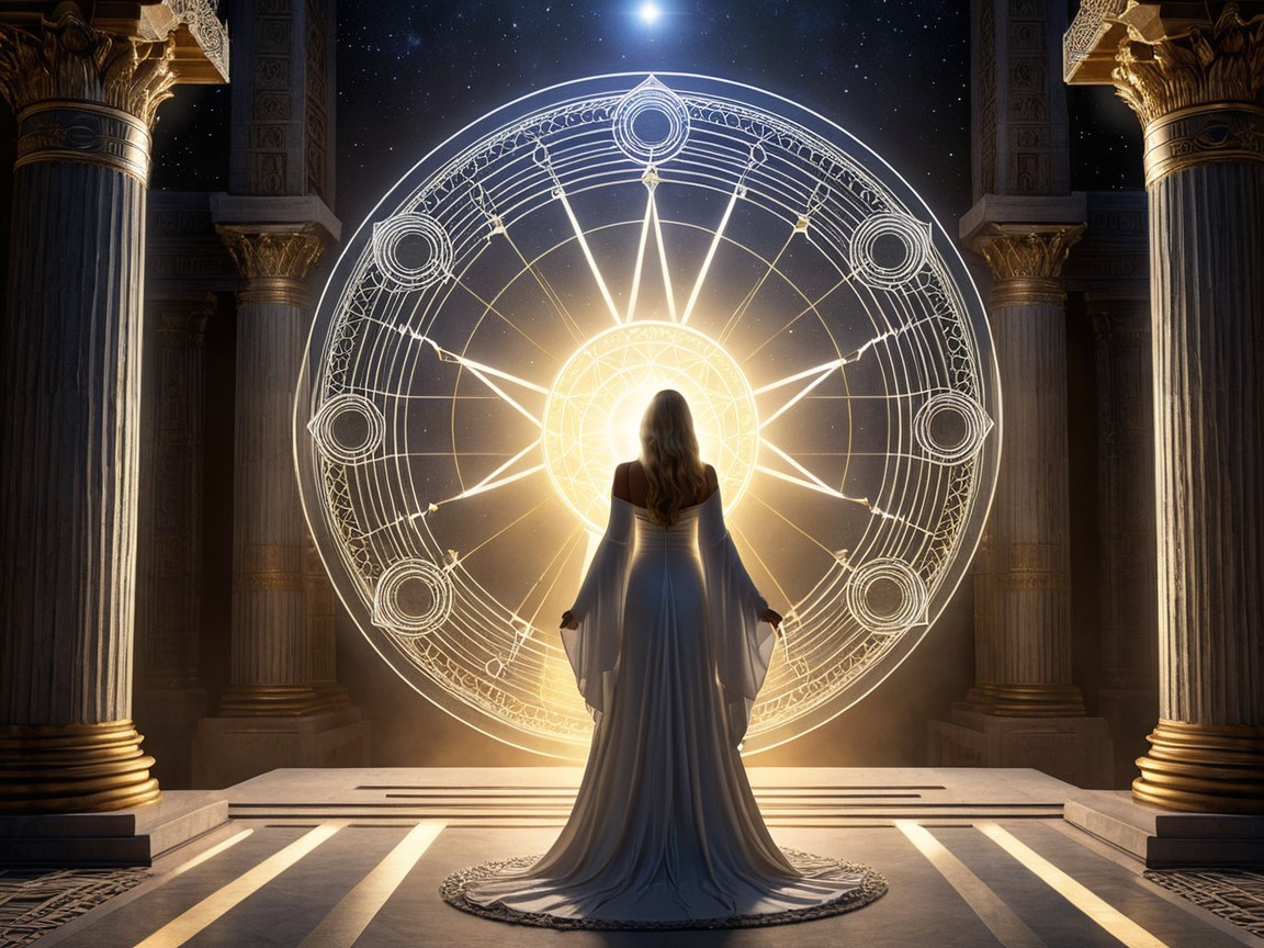 Mystical Scene with Celestial Wheel and Ethereal Figure