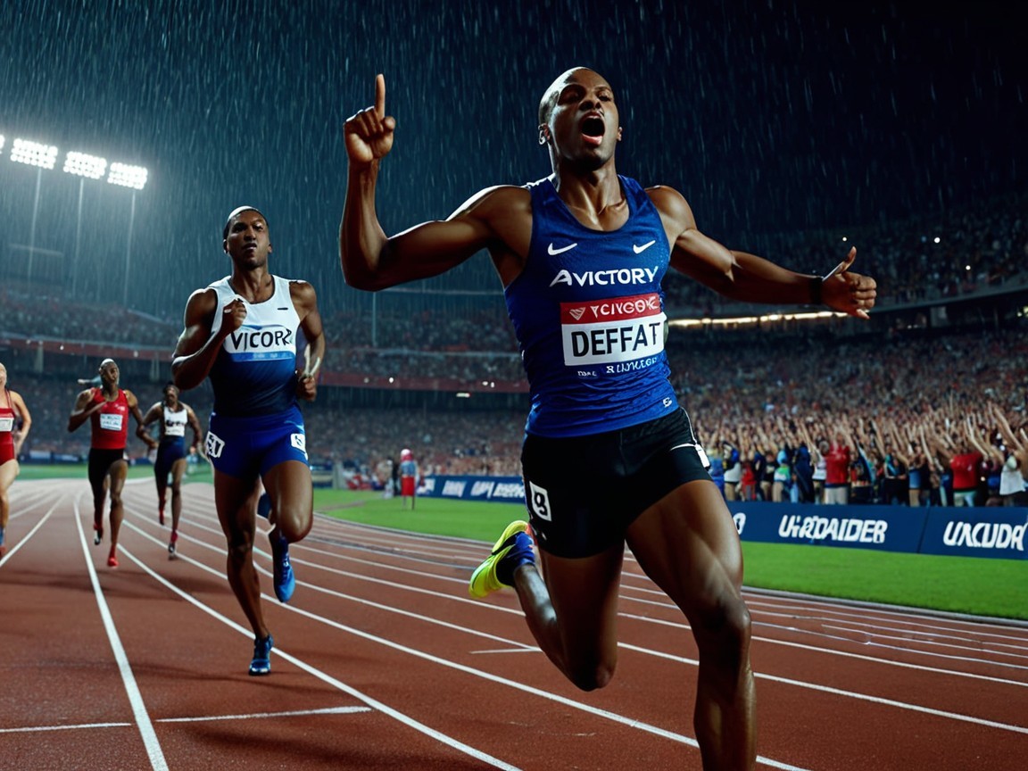 Athlete in Blue Uniform Finishes Race in Rainy Stadium