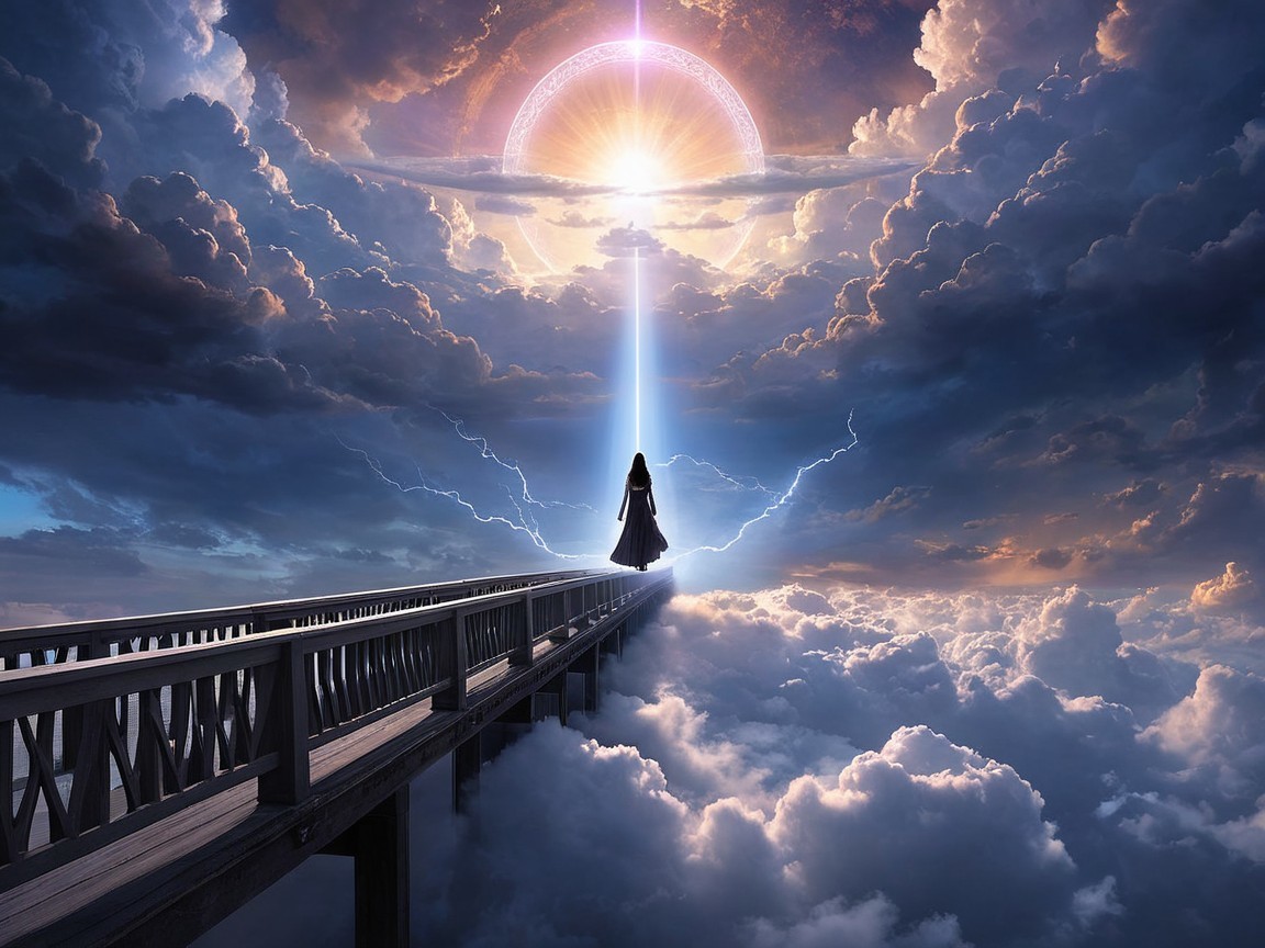 Lone figure on bridge under celestial orb and clouds