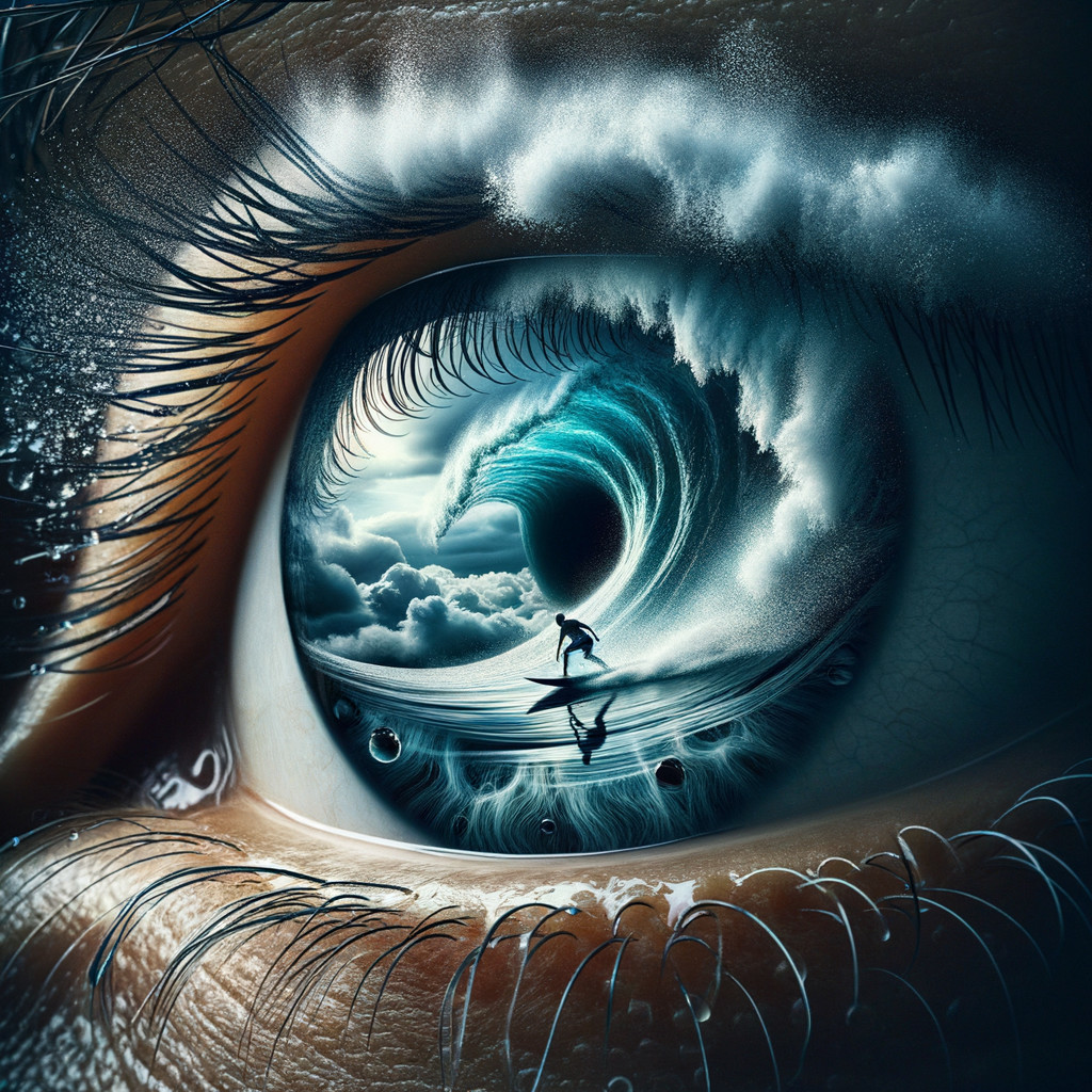 Close-Up of Eye Reflecting Ocean Scene and Surfer