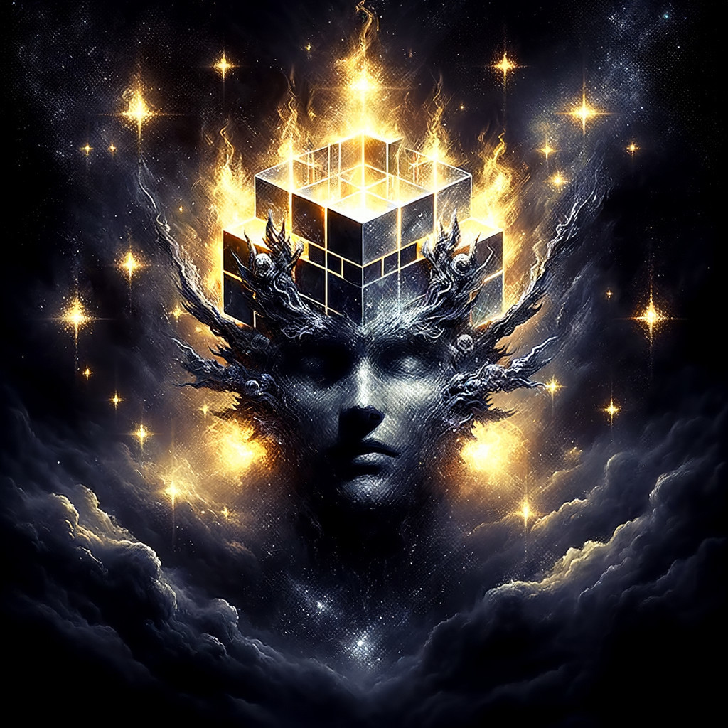 Surreal Human Face with Abstract Forms and Cosmic Elements