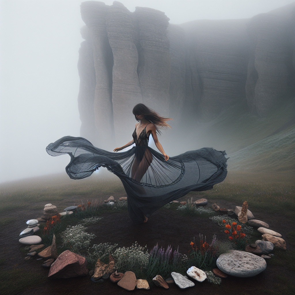 Mystical Landscape with Woman in Black Dress and Stones