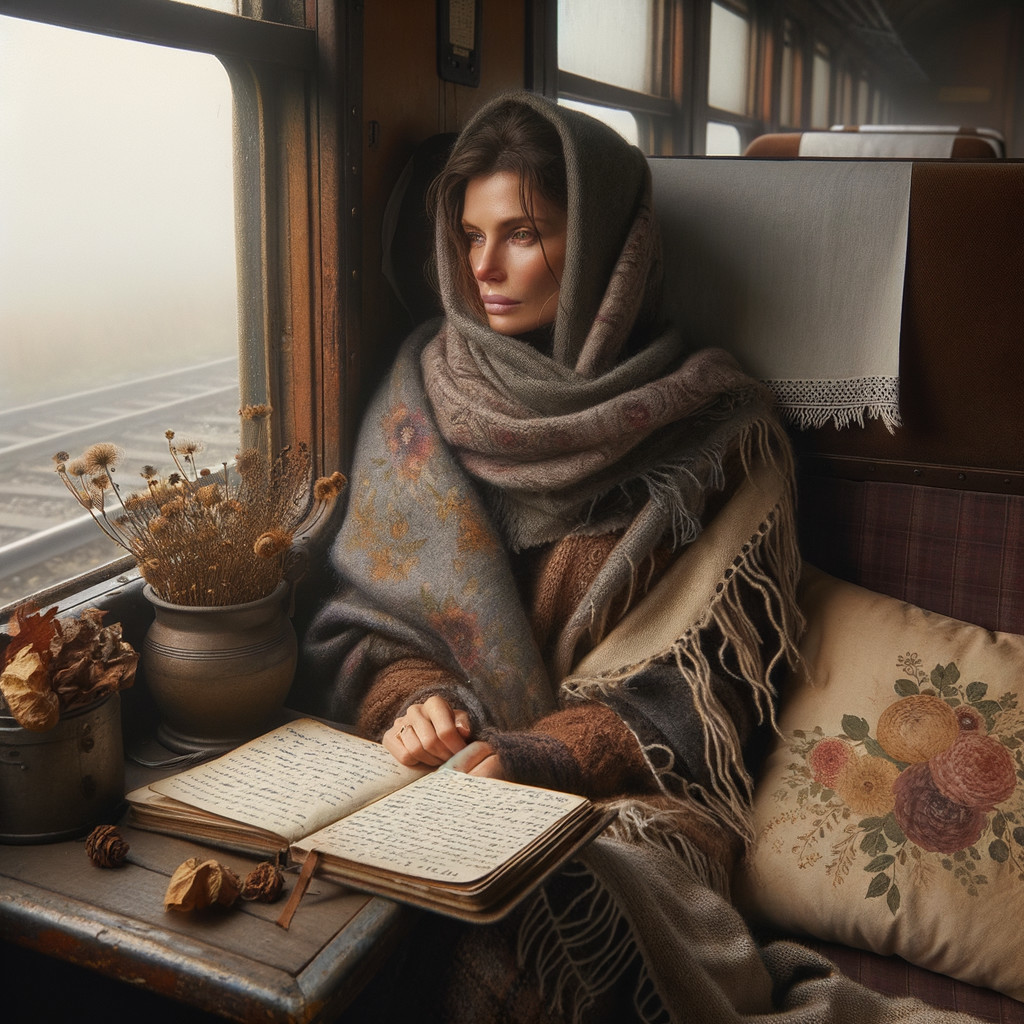 Woman in shawl by foggy train window with journal