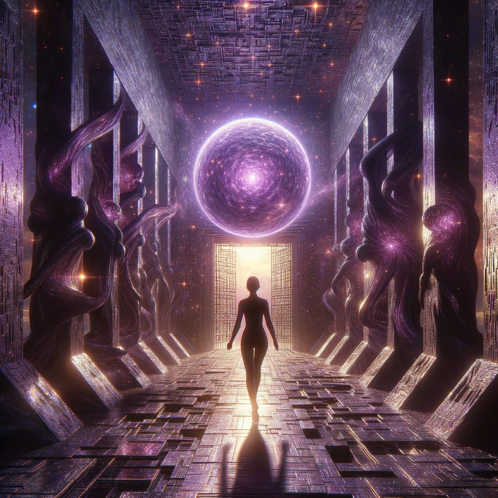 Mysterious corridor with carved statues and glowing portal