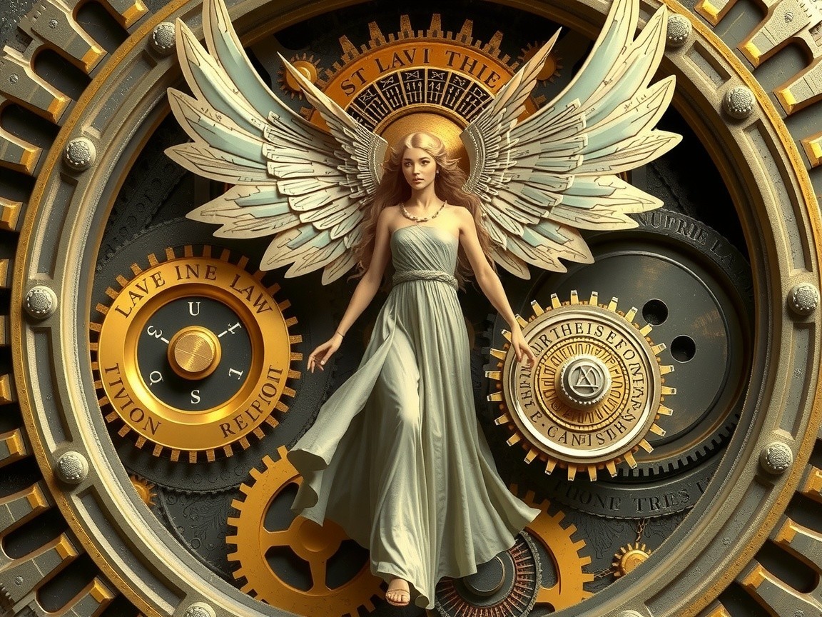 Divine Figure with Wings in Steampunk Setting