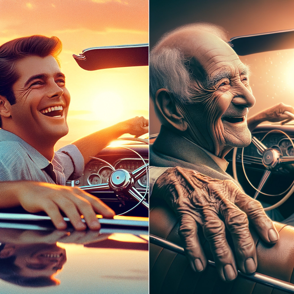 Split View of Two Men in a Vintage Car at Sunset