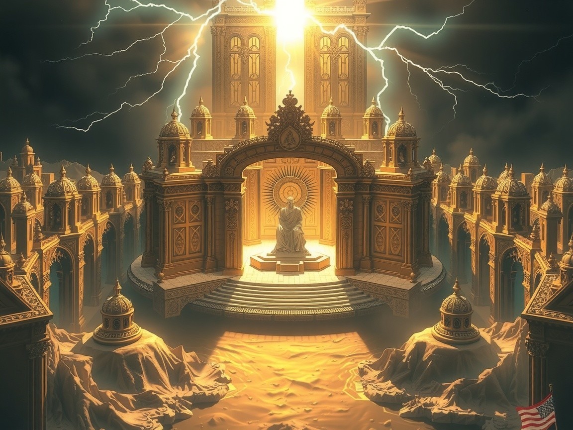 Ethereal temple with serene figure and ornate architecture