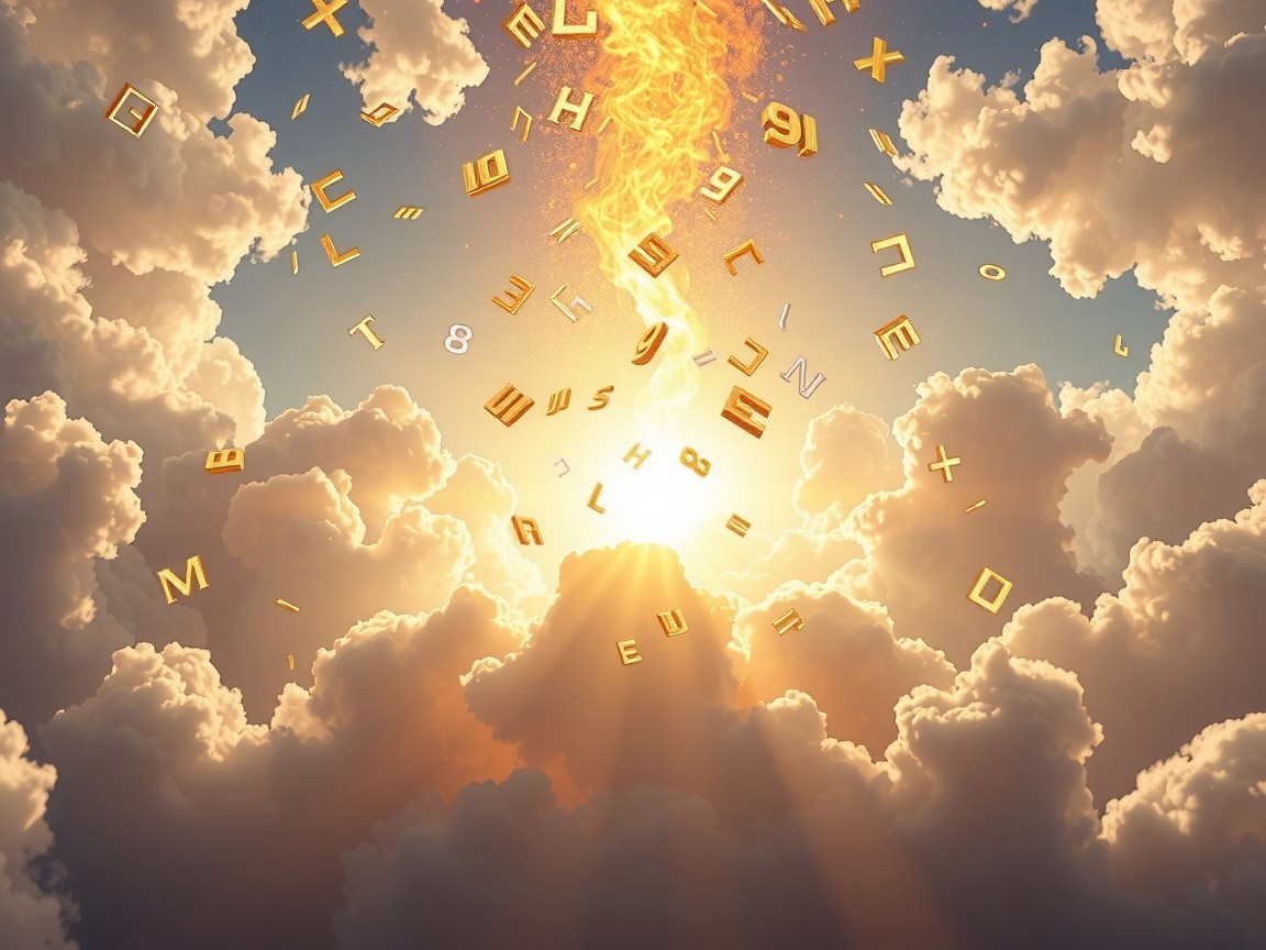 Celestial Scene with Clouds, Sun, and Golden Symbols