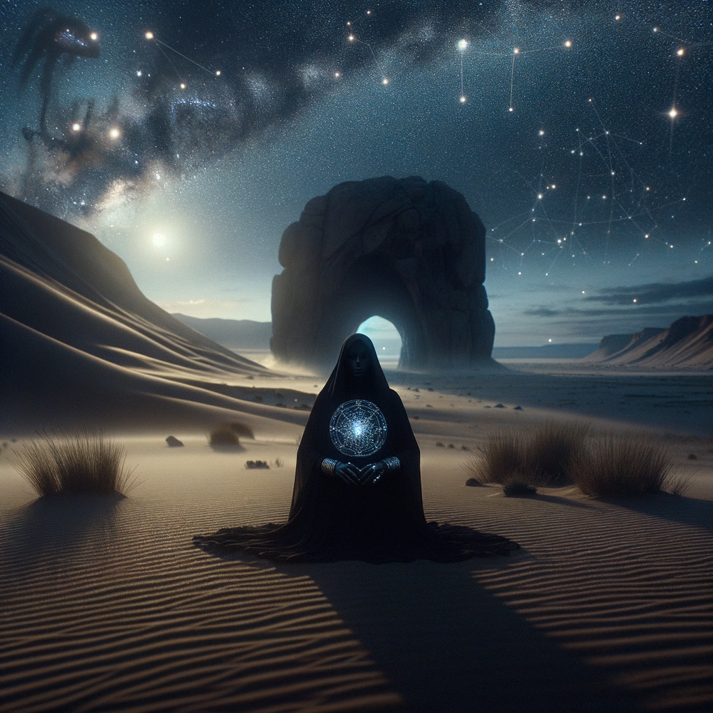 Cloaked Figure with Celestial Sphere in Desert Night