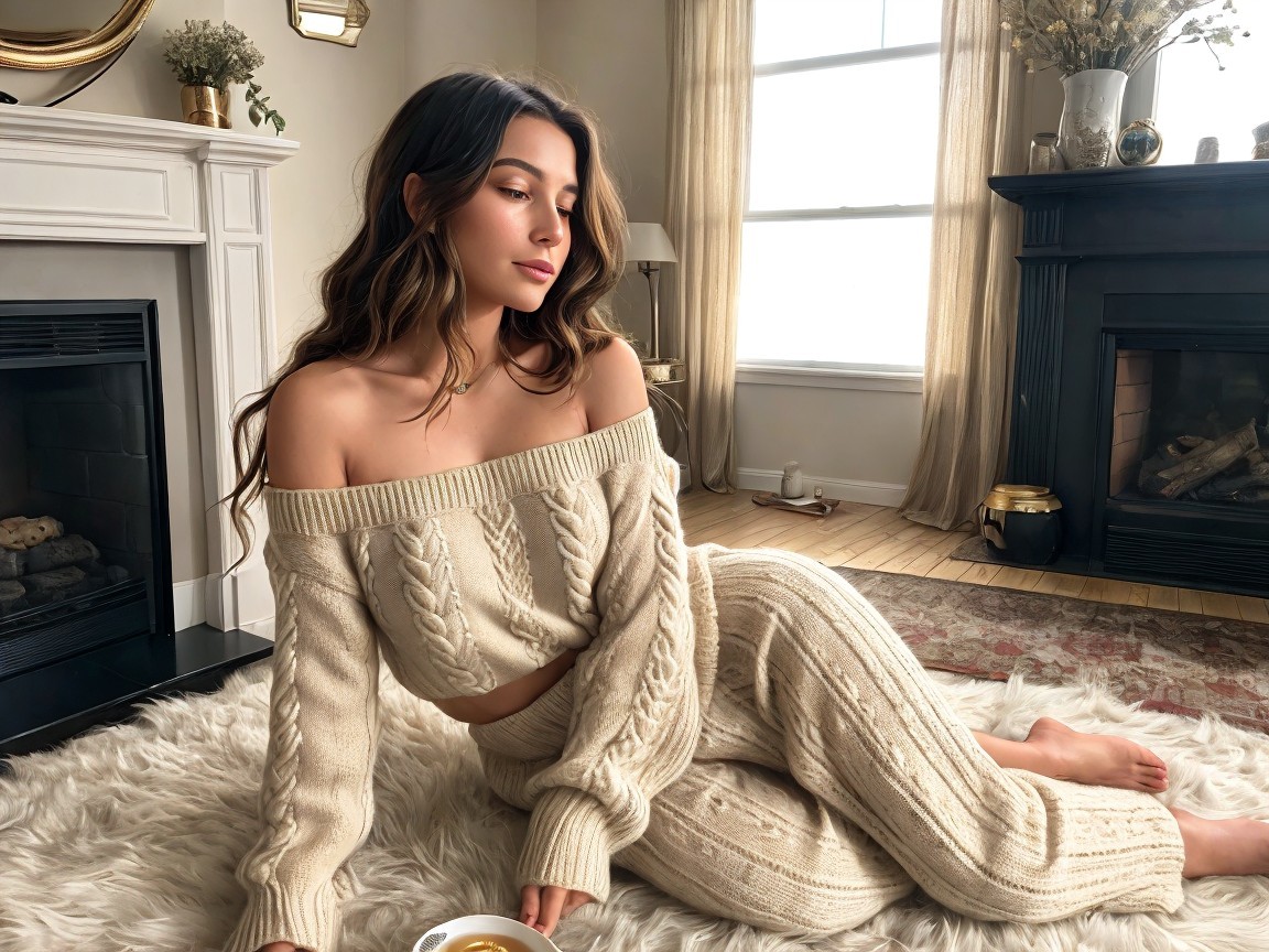 Young woman in cozy outfit on plush white rug