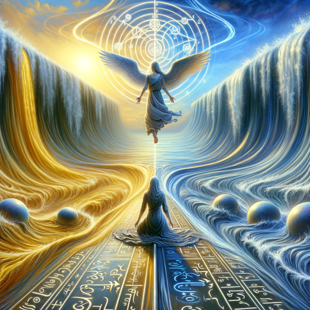 Serene cosmic scene with angel and symbolic sunrise