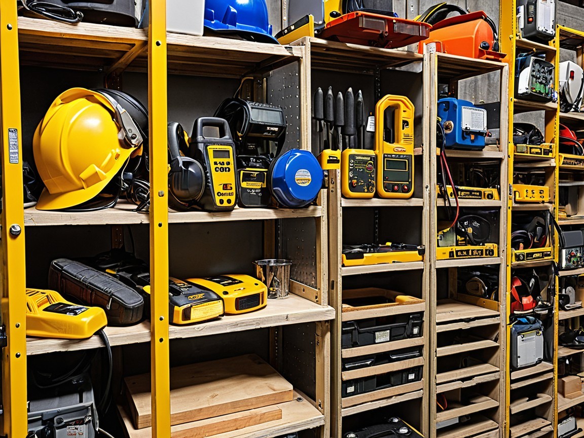 Organized Workshop with Tools and Safety Equipment
