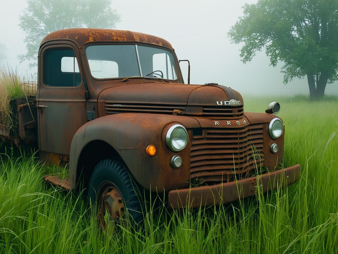 Abandoned Rusted Truck in Foggy Grass Field