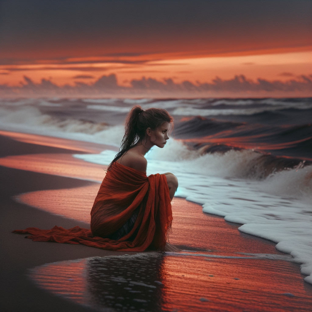 Solitary figure on a beach at sunset with ocean waves