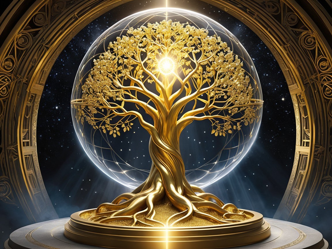 Golden Tree in Cosmic Scene with Luminous Orb