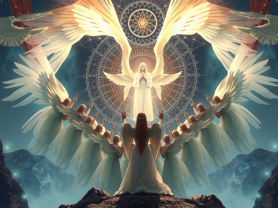 Celestial Scene with Radiant Angel and Ethereal Figures