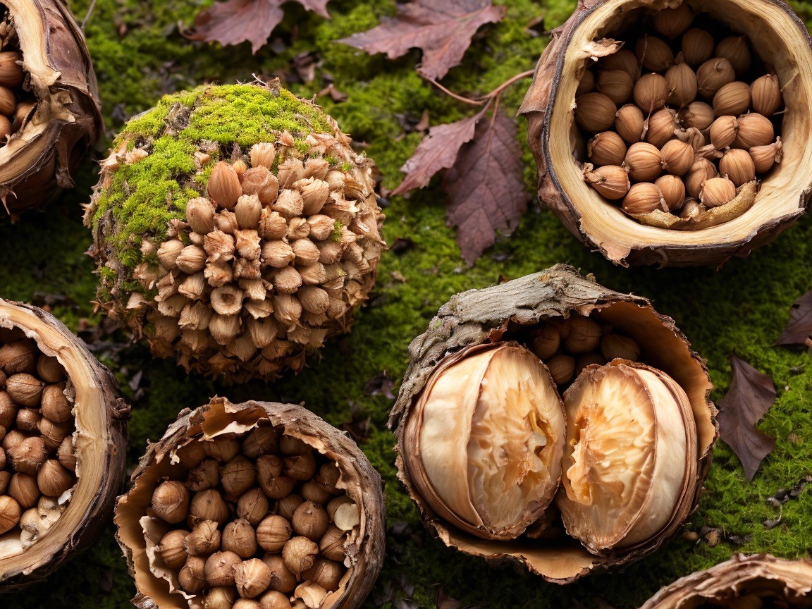 Close-Up of Nuts and Seeds on Moss Background