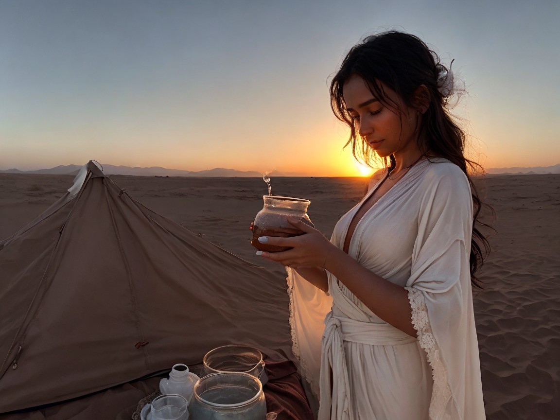 Young woman in white dress holds jar in desert sunset