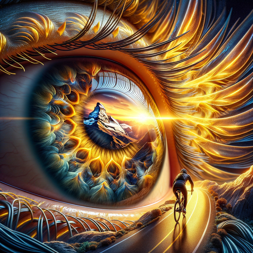 Surreal Eye with Golden Feathers and Mountain Landscape
