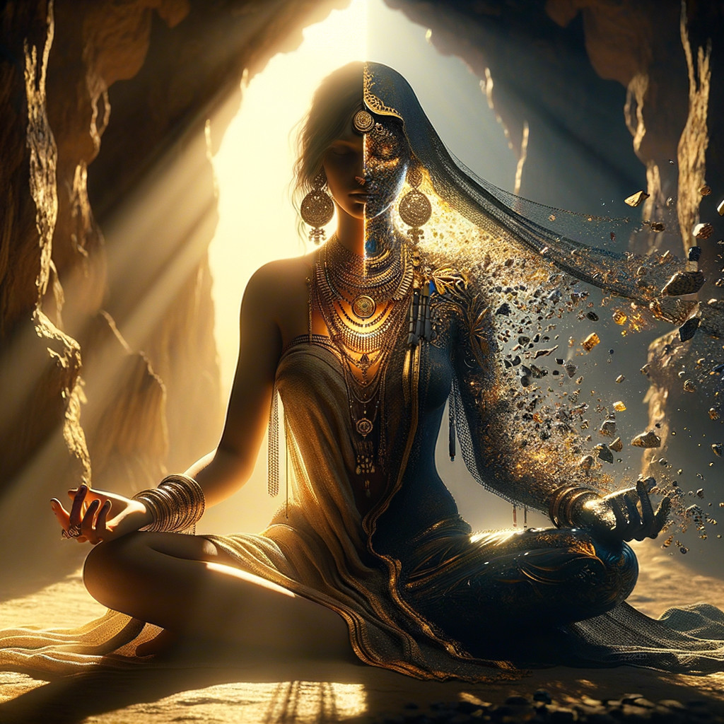 Serene Figure in Mystical Cave with Ethereal Transformation