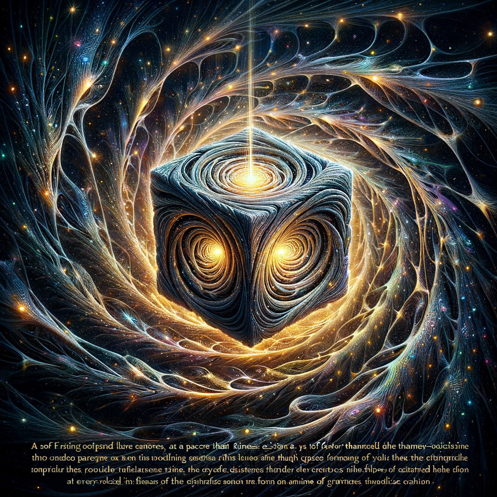 Cosmic Scene with Glowing Cube and Colorful Patterns