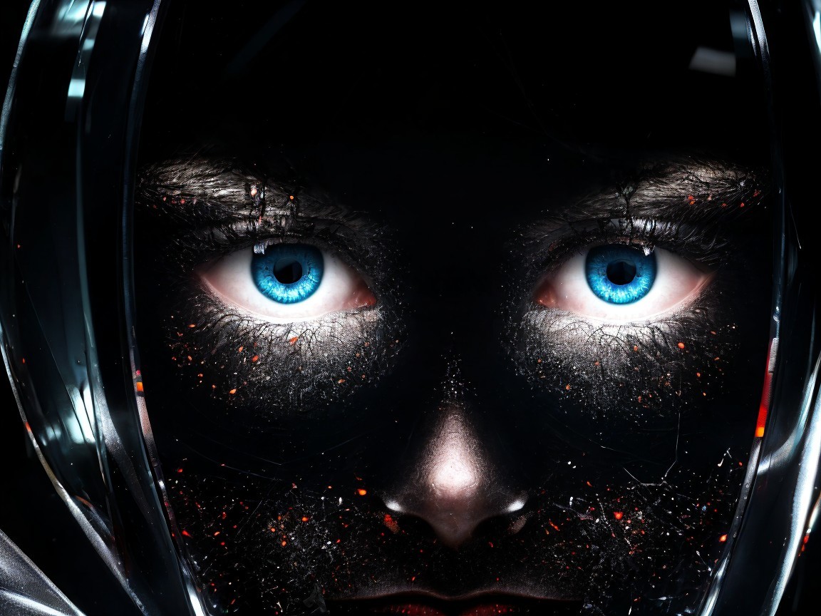 Close-up of a face with blue eyes and dark textures
