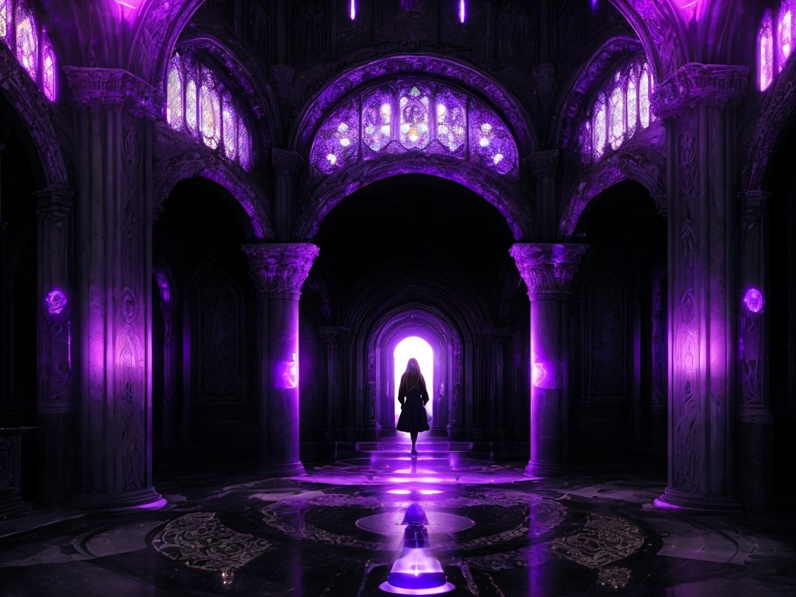 Mysterious Figure in Ornate Dimly Lit Hall