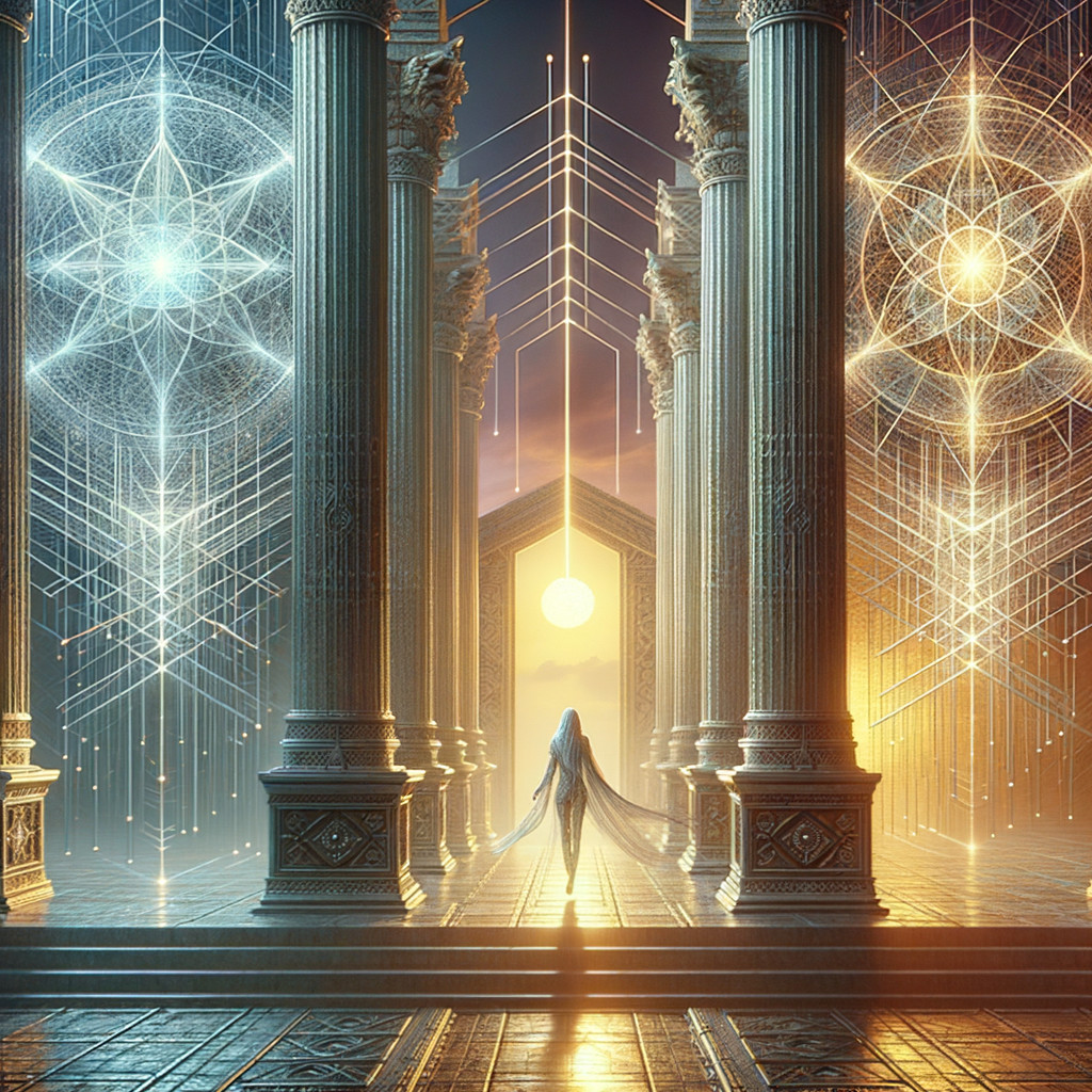 Ethereal Hall with Luminous Gateway and Celestial Energies
