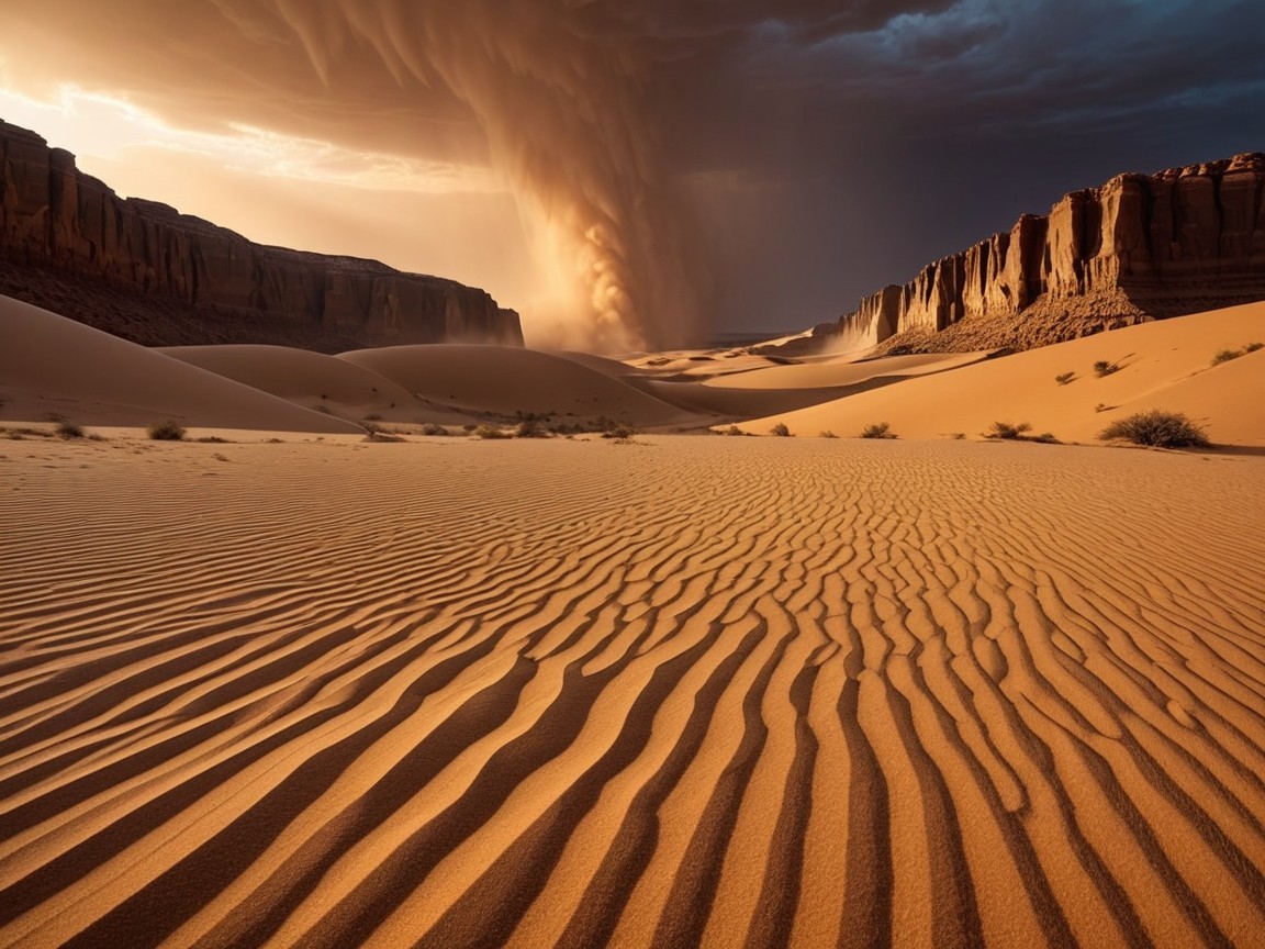 Desert Landscape with Golden Sunlight and Dust Storm
