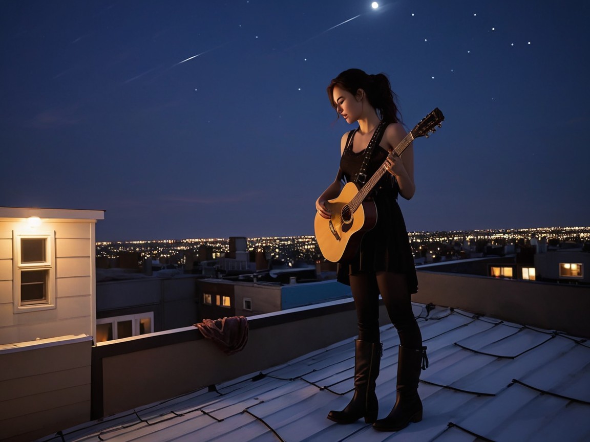 Young Woman Playing Guitar on Rooftop at Night