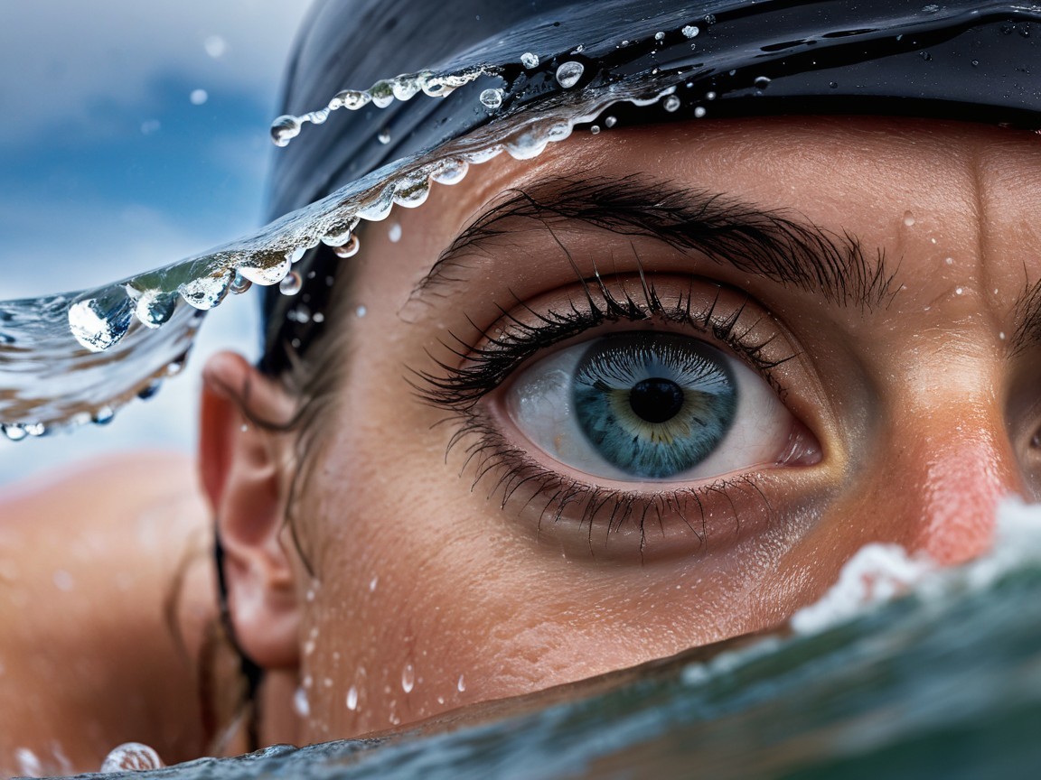 Close-Up of Swimmer's Face in Water with Focused Eyes