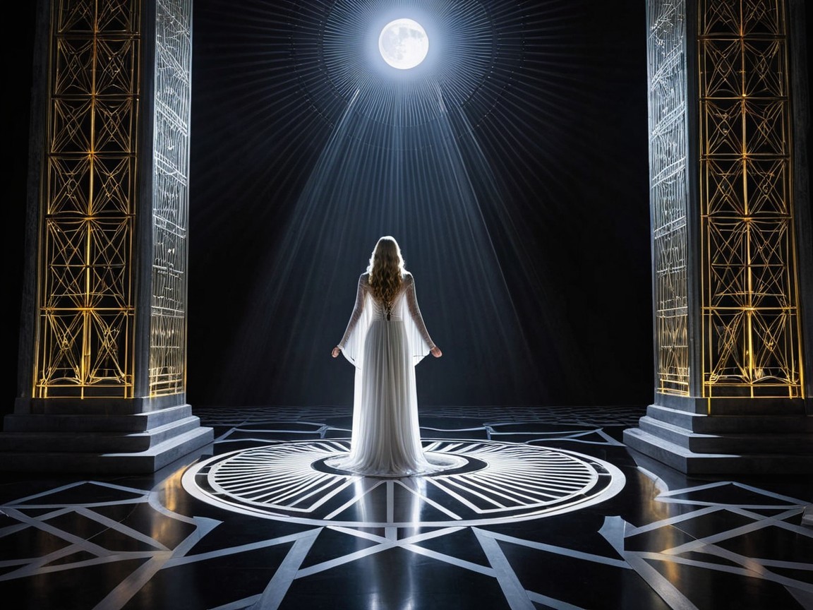 Figure in White Gown in Dimly Lit Ethereal Space
