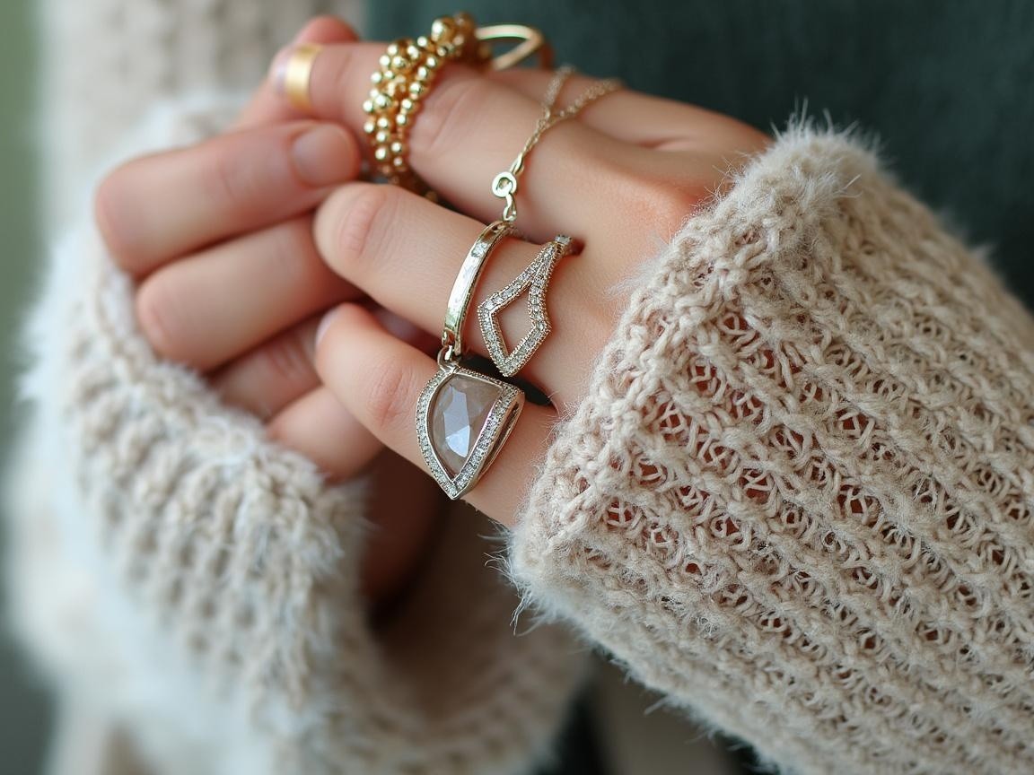 Close-Up of Hand with Rings and Geometric Pendant