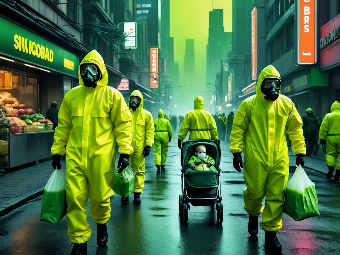 Dystopian City with Figures in Yellow Hazard Suits