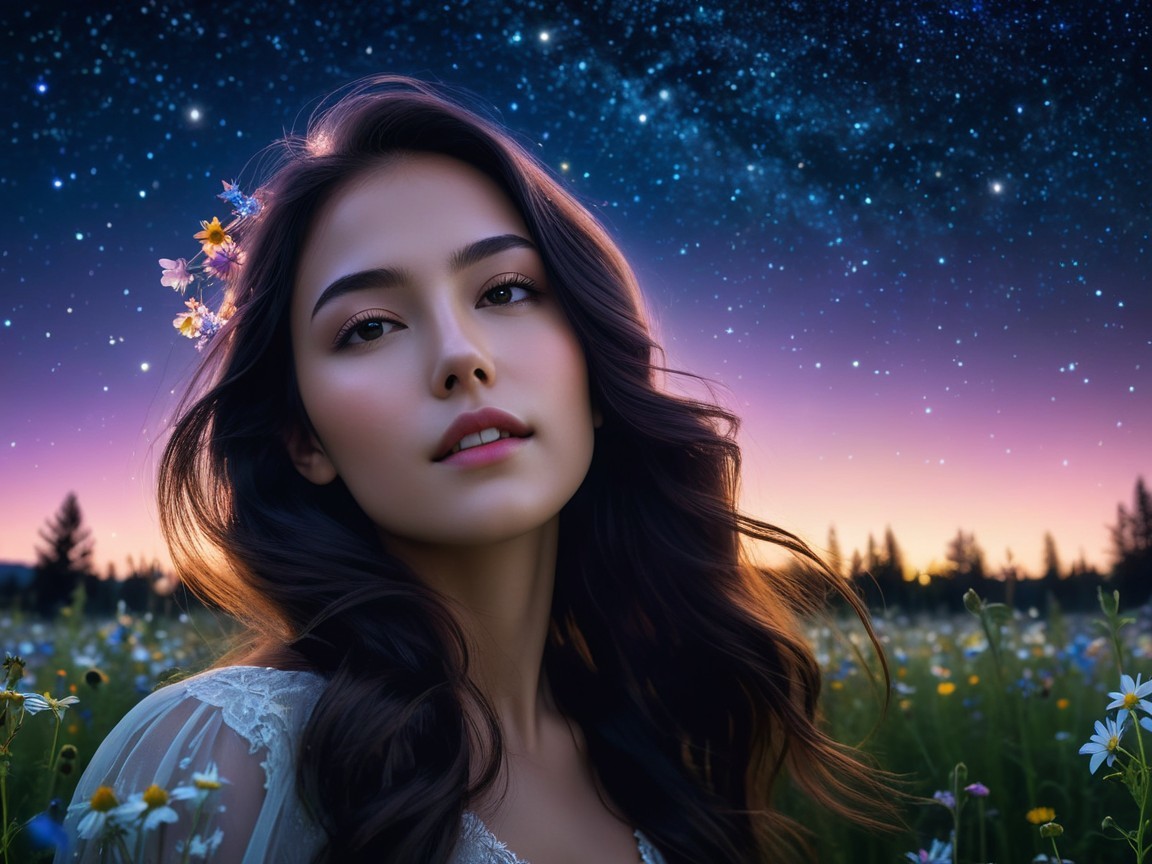 Young woman in flower-adorned hair in a daisy field