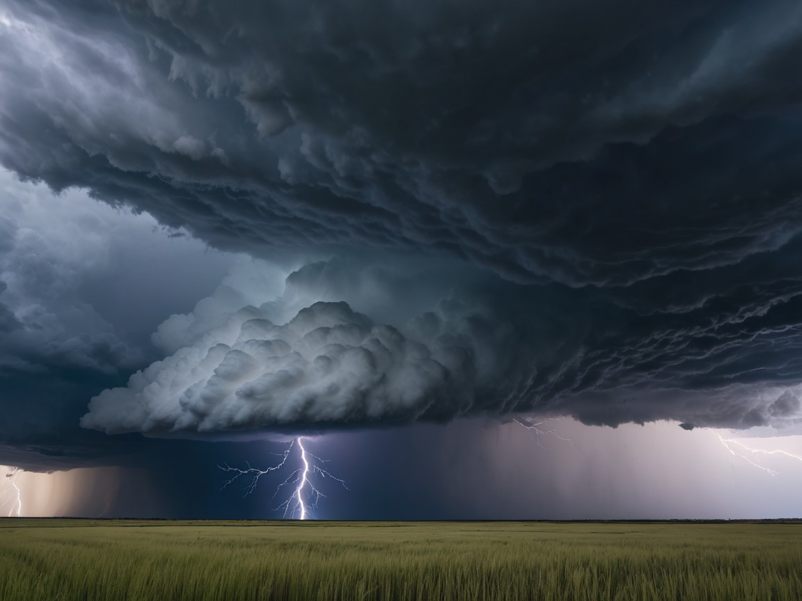 Dramatic Sky with Dark Clouds and Lightning Over Field
