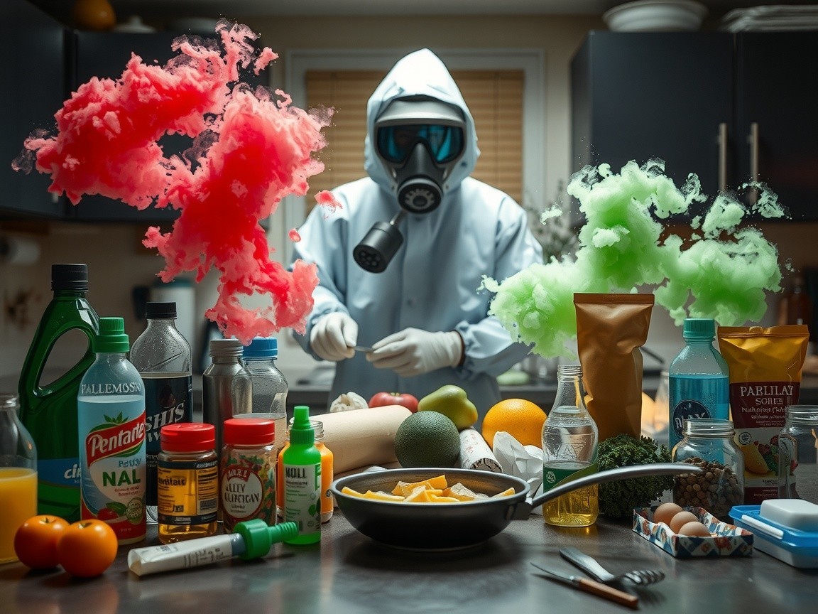 Hazmat Suit Amidst Colorful Ingredients in Kitchen
