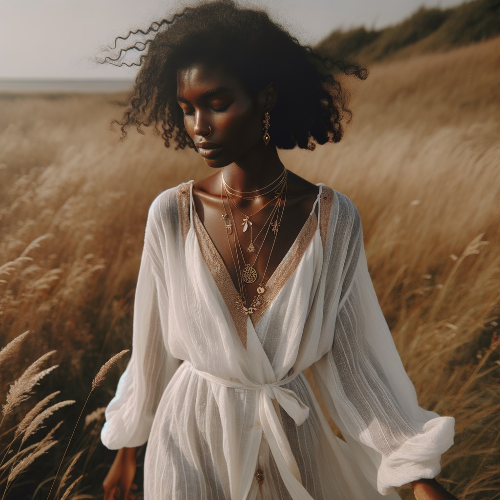 Woman in White Robe in Sunlit Field with Jewelry