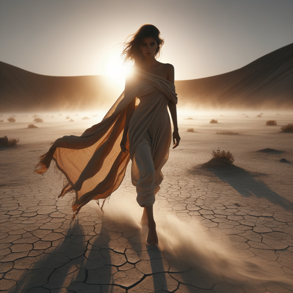 Desert Sunset with Figure in Flowing Fabric