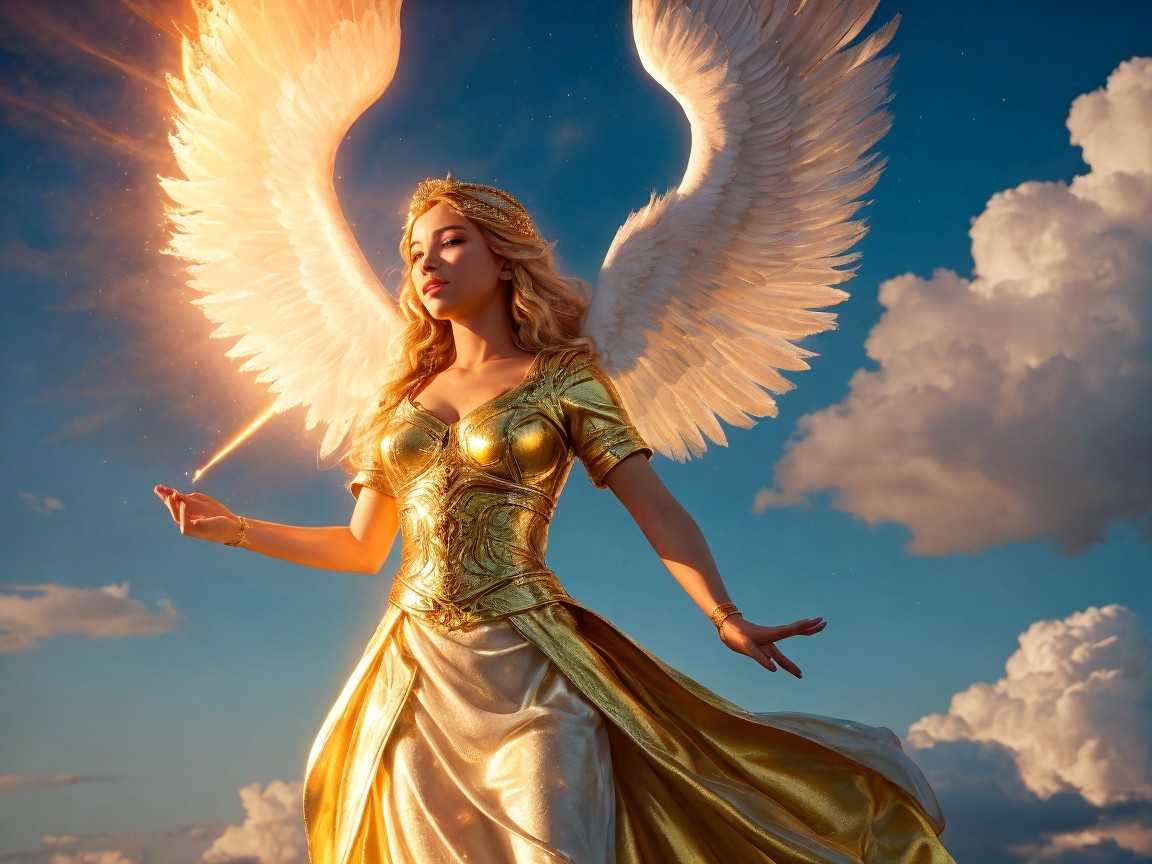 Majestic angelic figure in golden gown against sky