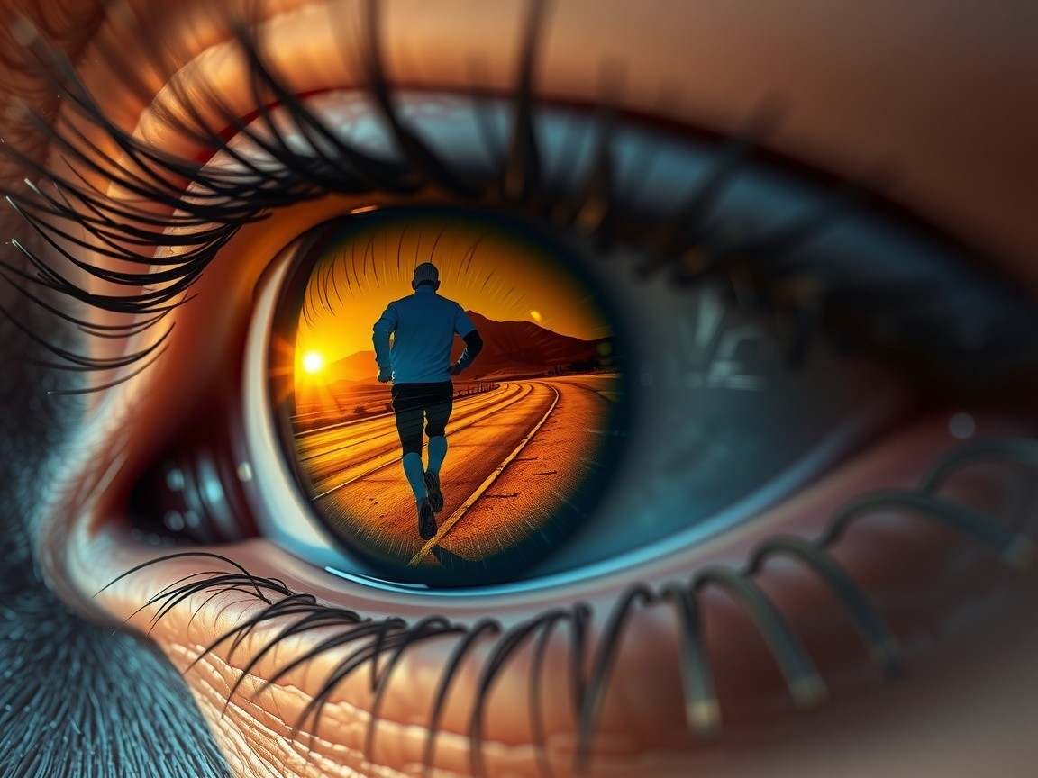 Close-Up of Human Eye Reflecting Runner at Sunset