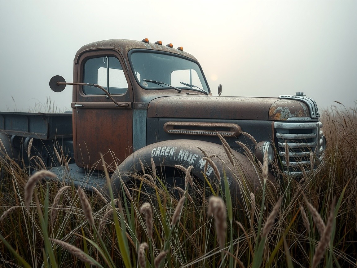 Abandoned Rusted Truck in Misty Grass Landscape