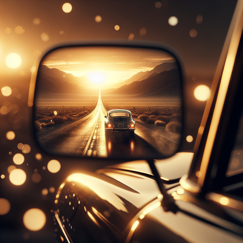 Classic car reflection with sunset and distant road