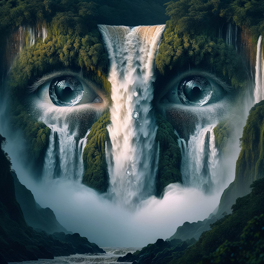 Surreal Landscape with Waterfall and Foliage Face