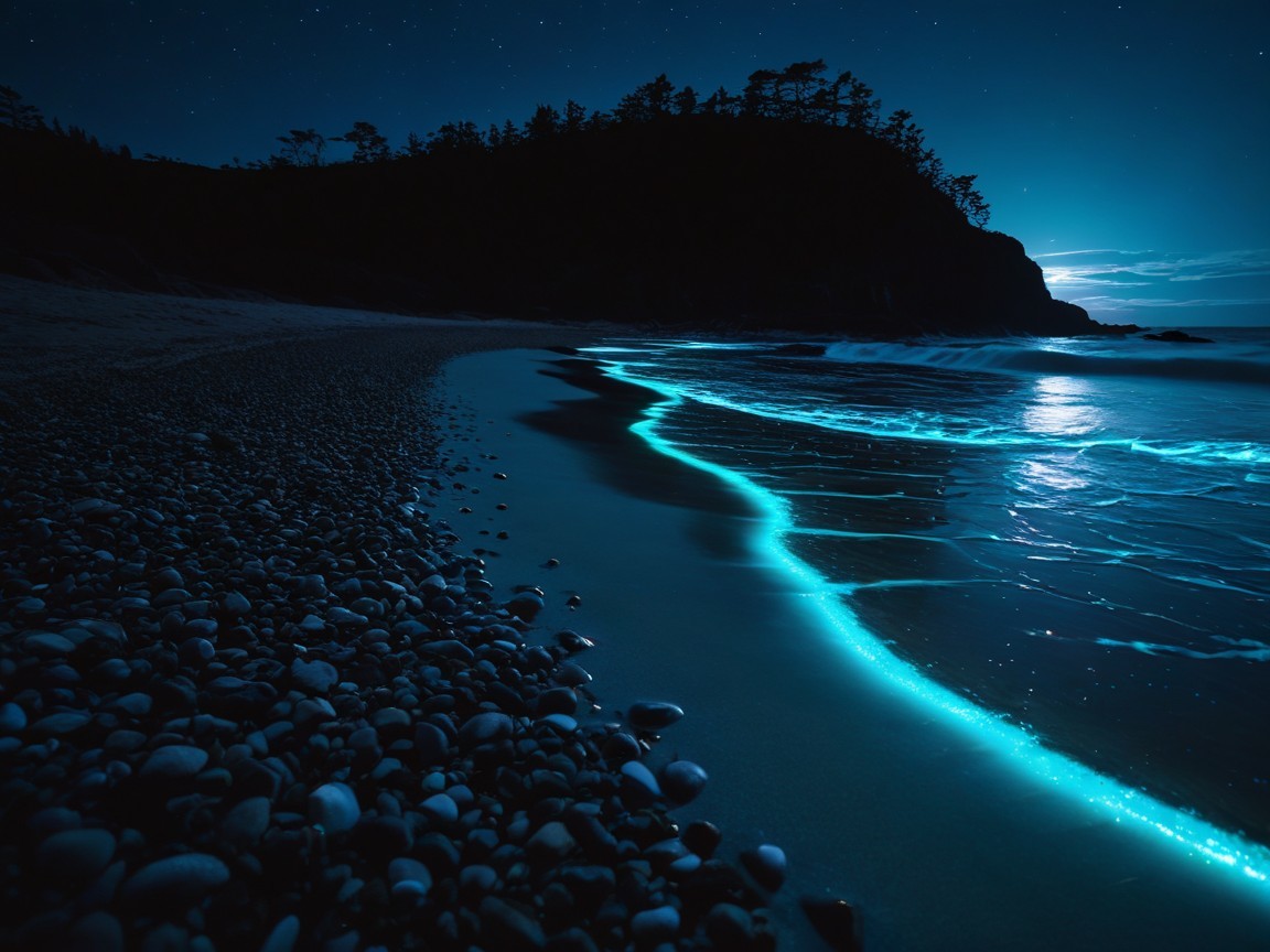 Serene Night Beach with Bioluminescent Waves