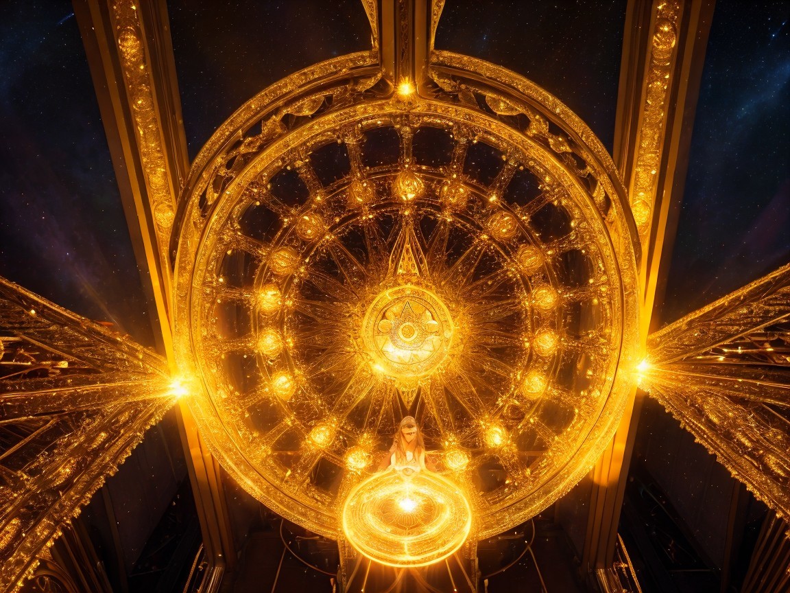 Grand chandelier with golden light and ornate design