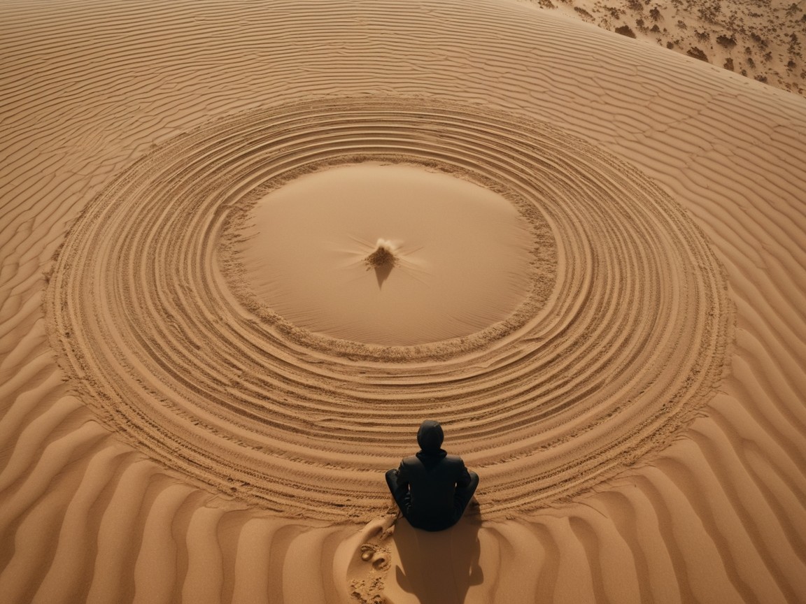 Solitary Figure Observing Circular Sand Patterns
