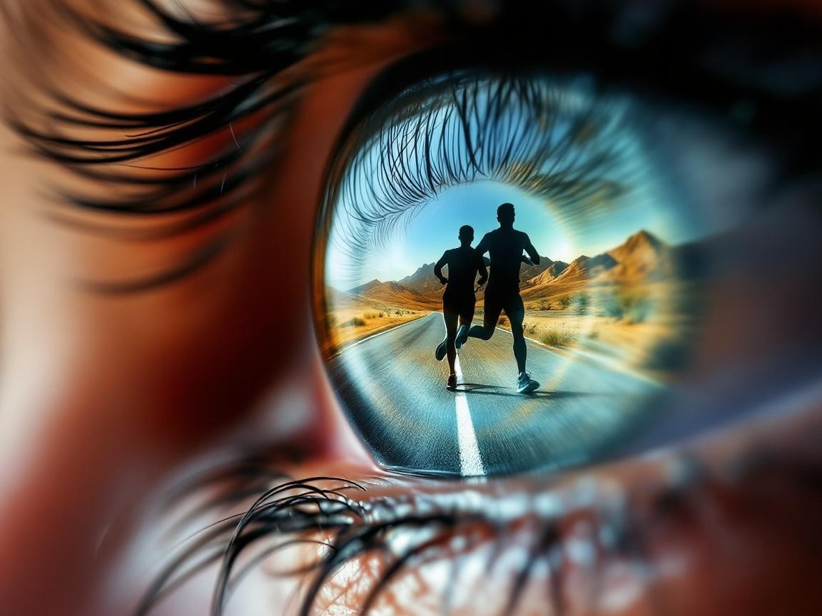 Close-Up of an Eye Reflecting Runners on a Road
