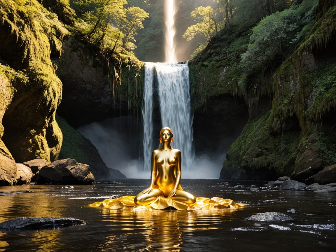 Golden Statue on Lotus Flower Amidst Waterfall and Greenery