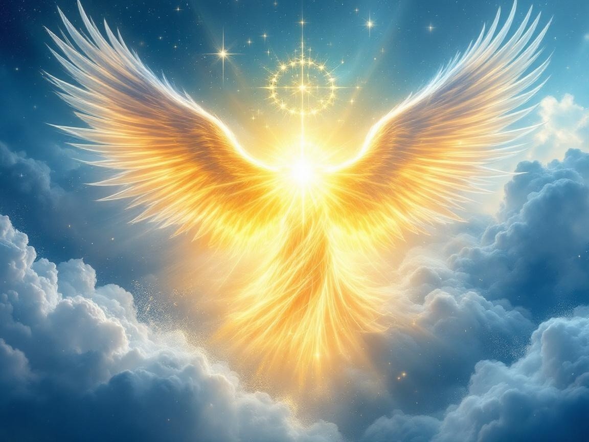 Ethereal Angelic Figure in Golden Light and Clouds